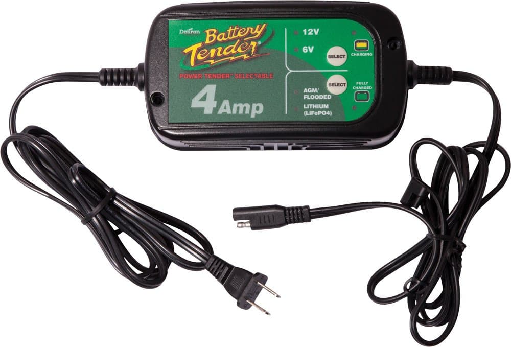 Battery Tender 022-0209-DL-WH 4A Selectable Charger is an AGM/Standard or GEL/Lithium Iron Switchable, 12v or 6v Switchable at 4a, Includes Rings & Clips. It Will Never Over Charge Your Battery