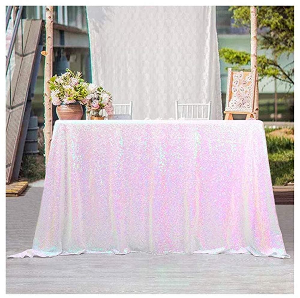 Fanqisi 50x102 Inches Sequin Tablecloth Sparkle Iridescent Rectangle Table Cloth for Wedding Birthday Party Sequin Overlay Table Decoration White