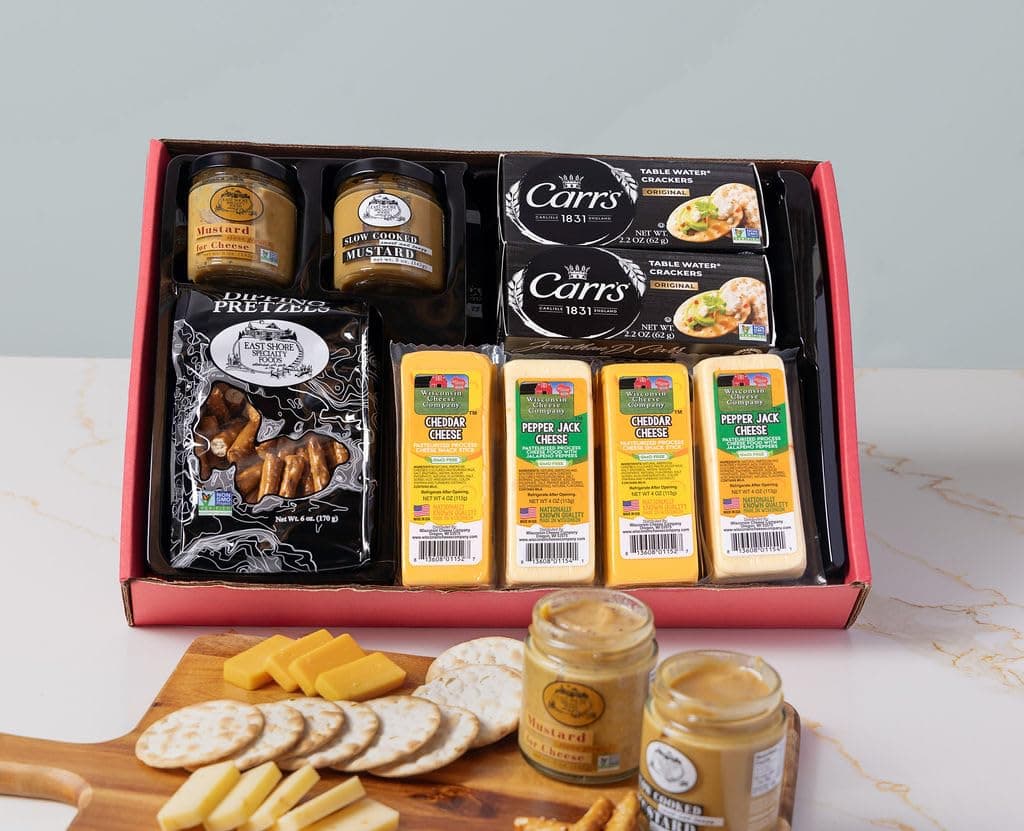 Wisconsin Cheese Company - Deluxe Cheddar Cheese, Cracker, Pretzel & Mustard Gift Basket. Assortment Sampler Gift for Birthday & Thank You Gifts