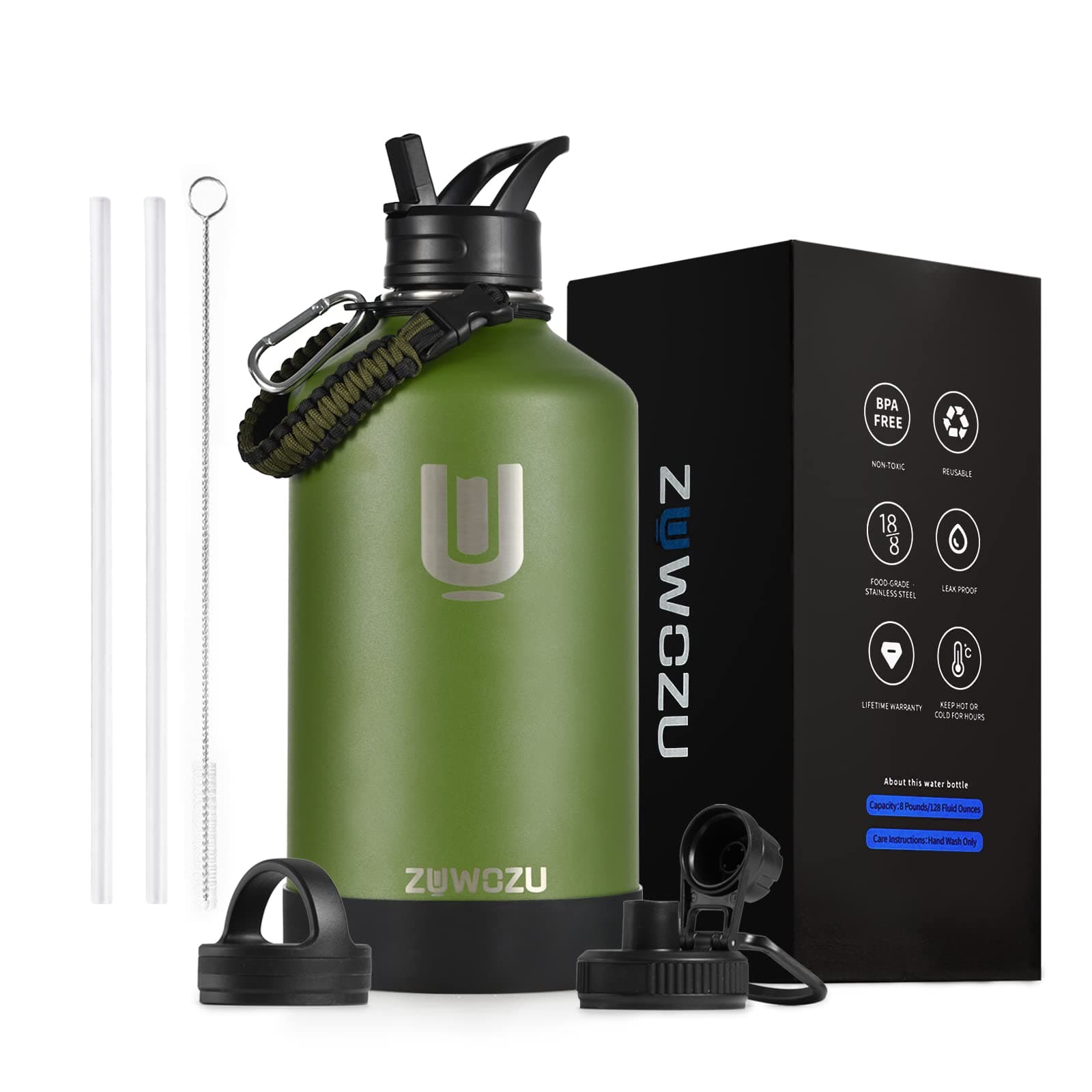 ZUWOZU 1 Gallon Water Bottle Insulated,128 oz Large Stainless Steel Water Bottles with Straw, Strap&3 Lids,Gallon Water Jug for Sports (Battle Green)