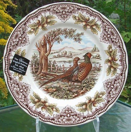 Set of 4, Salad Plates The Victorian English Pottery Woodland Pheasant Thanksgiving Harvest Multi-Color