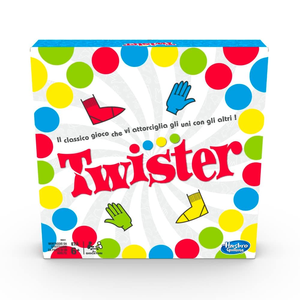 Hasbro Gaming Twister Game in Box, Includes 1 Twister Mat, 1 Wheel and Instructions, Italian Version 2020, Multicoloured