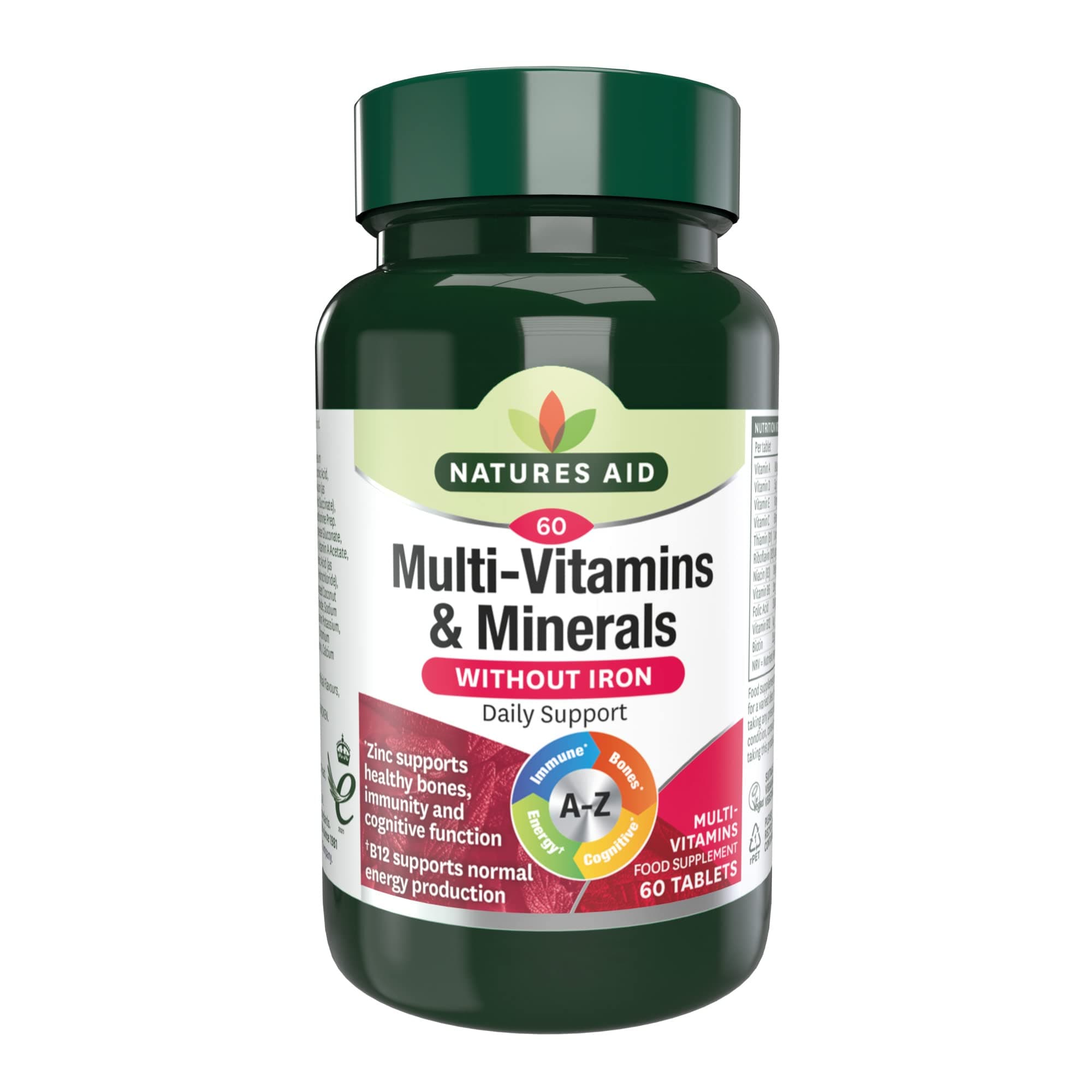 Multivitamins & Minerals Without Iron - High Strength One-a-Day Multi-Vitamin Formula - Supports Immune System, Energy, Brain and Bone Health - Vegan, Gluten-Free, Non-GMO - 60 Tablets