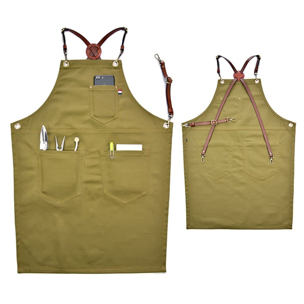 XIAKA Denim Bib Apron w/X Back Leather Straps Barista Florist Bartender Chef Aprons (Green, L)