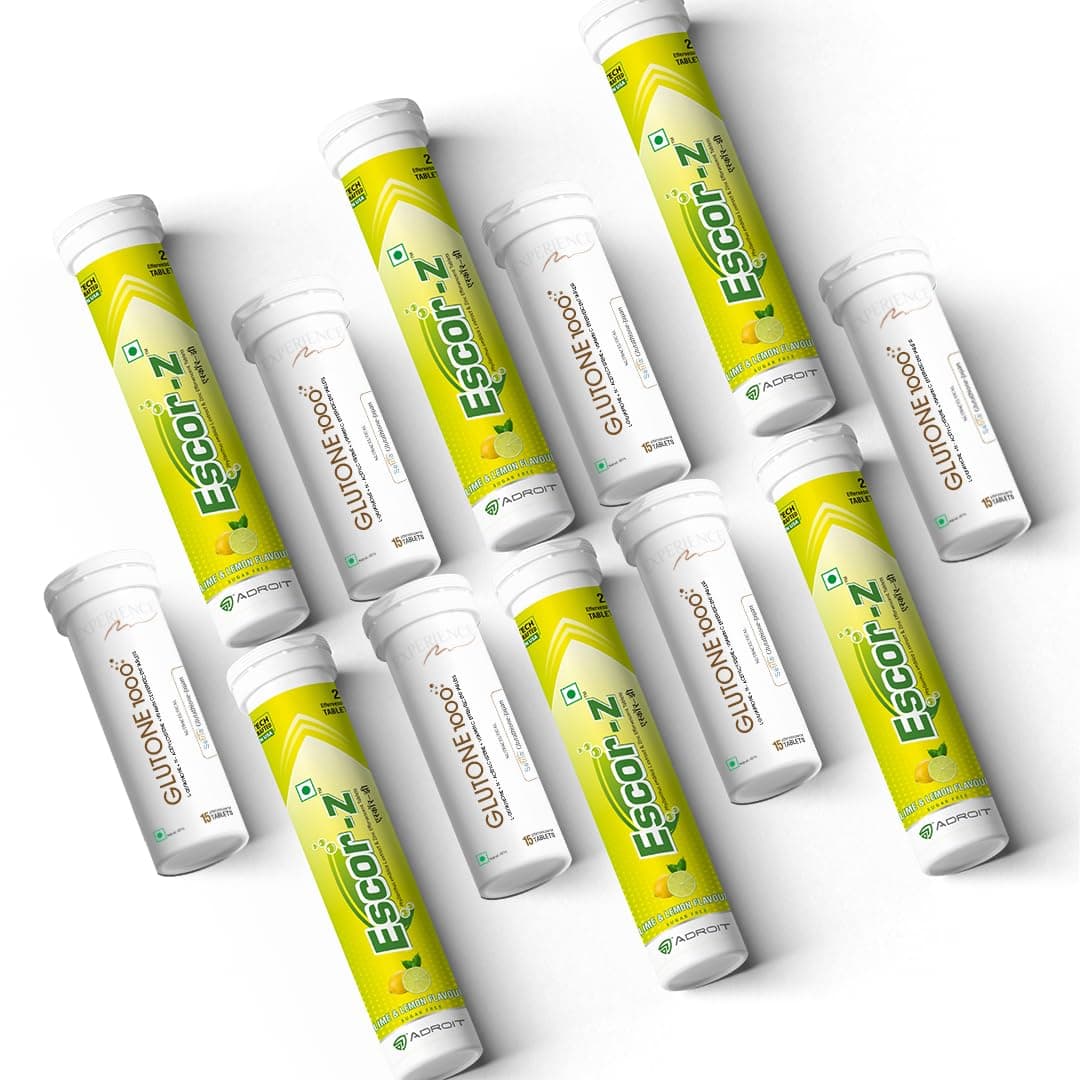 1000 & Escor-Z Combo Pack| Setria L-Glutathione, Vitamin C Effervescent Tablets| Healthy Skin| 15 (6) + 20 (6) Tablets (Lemon Flavour)