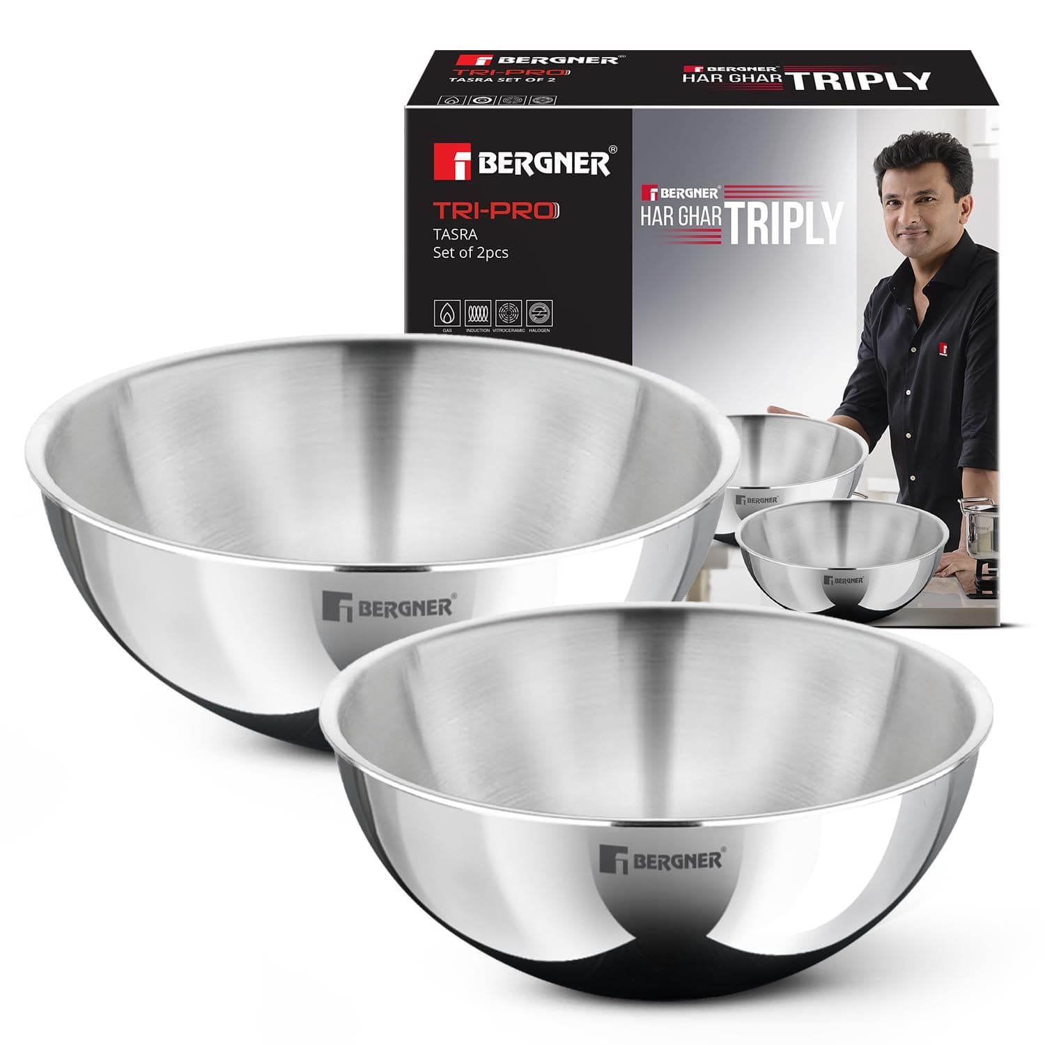 Bergner Tripro Triply Stainless Steel 2 Pcs Tasra Set, 20cm / 1.5 L and 22cm /2.0 L Tasla Set, Less Oil Use for Health Cooking, Even Heat Distribution, Easy to Clean - Induction Bottom, 4.5 Liters