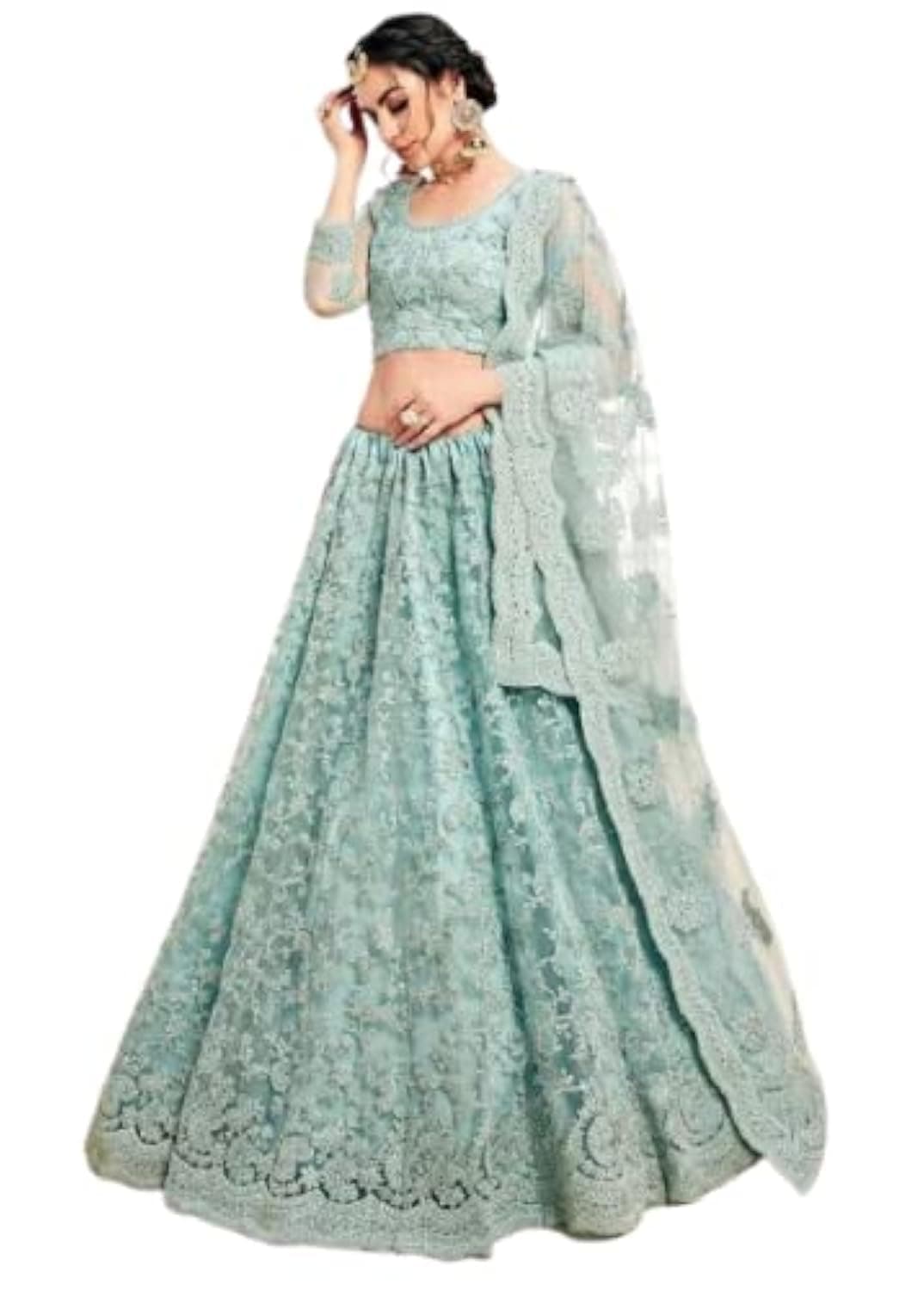 Nir Fashion Women's Net Designer Heavy Embroidered Semi-Stitched Lehenga Choli (Powder Blue, Free Size)