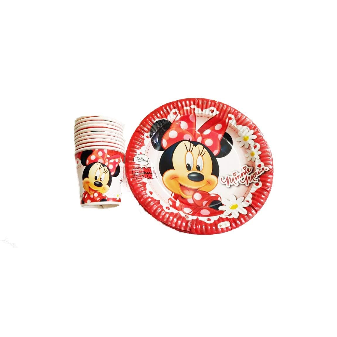 shopkooky disposable paper plates (10) and paper cups (10) set for perfect themed party, children birthday party or first, baby shower (plate-cup-minnie mouse)- Multi color