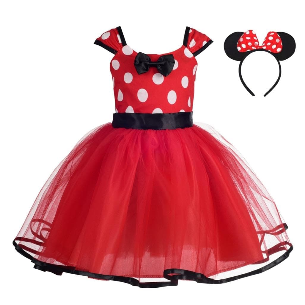 Lito Angels Princess CostumeFancy Dress Up Costume with Mouse Ears Hair Hoop for World Book Day Kids Girls, Halloween Birthday Party Mini Polka Dot Tulle Skirt, Age 3-4 Years (Tag Number 120), Red