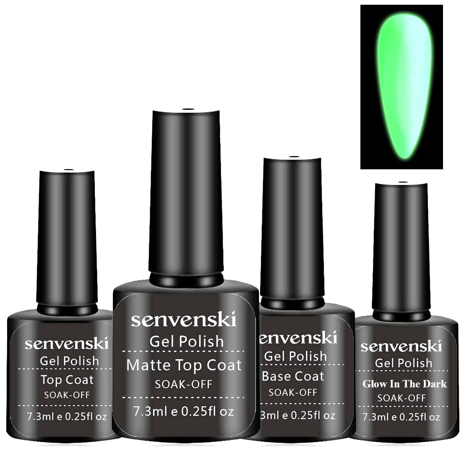 senvenski Matte Gel Top Coat, Glossy Shine Top and Base Coat, Glow in the dark Gel Top Coat, Clear Gel Nail Polish No Wipe Art Set UV LED for Home Salon Use (TB006)