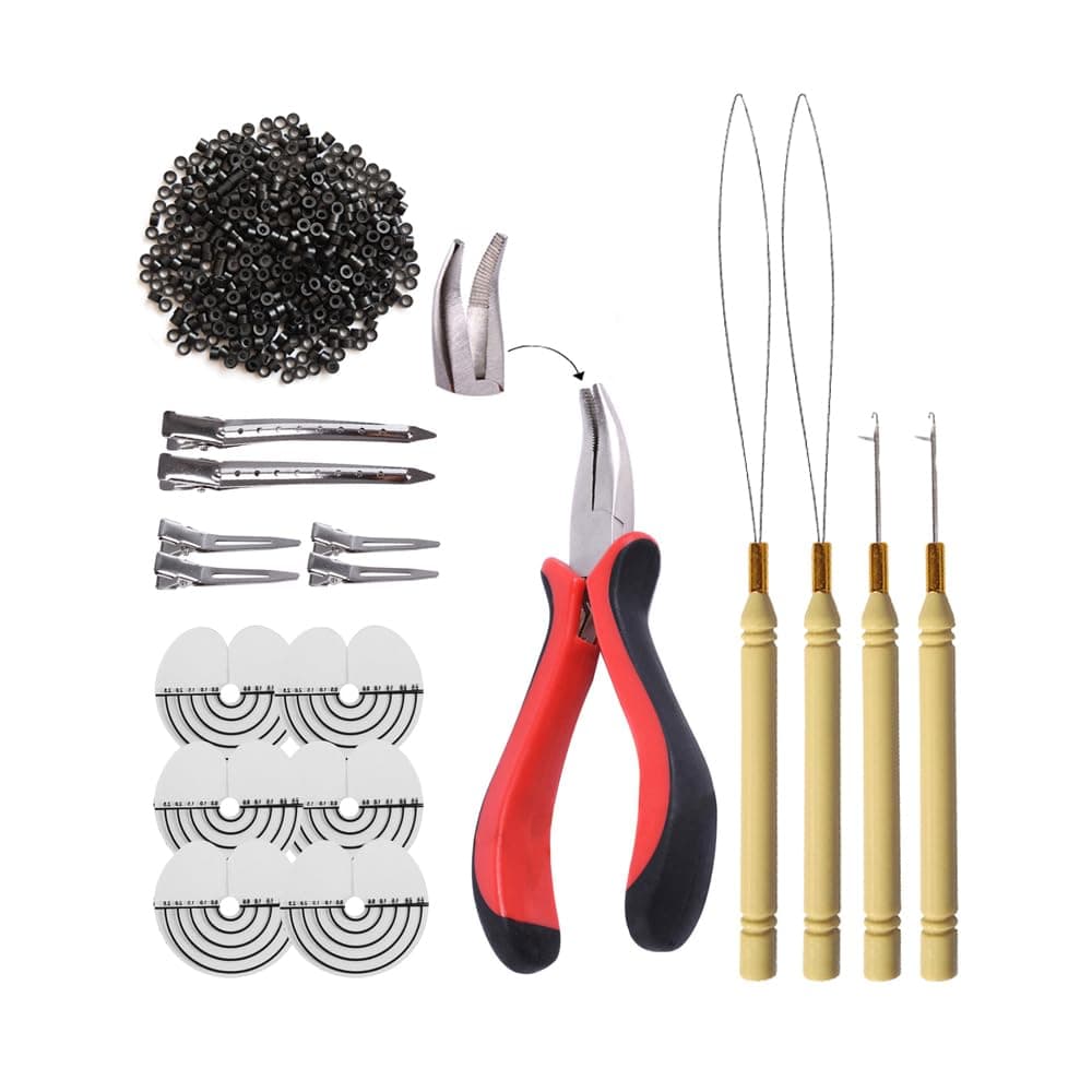 500pcs Micro Silicone Rings Hair Extensions Kit I-tip Hair Pliers Micro Pulling Hook Needle Loop Threader and Micro Silicone Links（Black)
