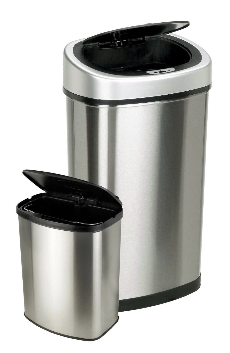 NINESTARS CB-DZT-50-9/8-1 Automatic Touchless Infrared Motion Sensor Trash Can Combo Set, 13 Gal 50L & 2 Gal 8L, Stainless Steel Base (Oval & Rectangular, Silver/Black Lid)
