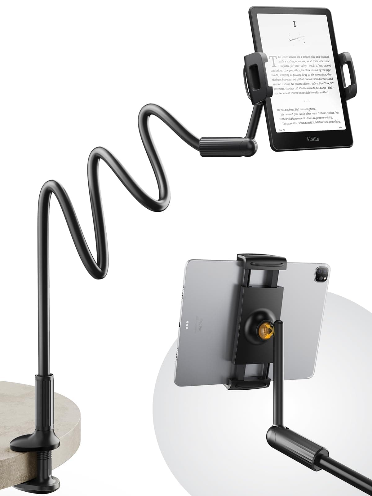 SAIJI 47" Gooseneck Kindle Holder, Tablet Holder for Bed with Upgraded Base, iPad Stand with Flexible Lazy Arm, Compatible with iPad/iPhone/Kindle/Switch or Other 4.7-13" Device (Black)