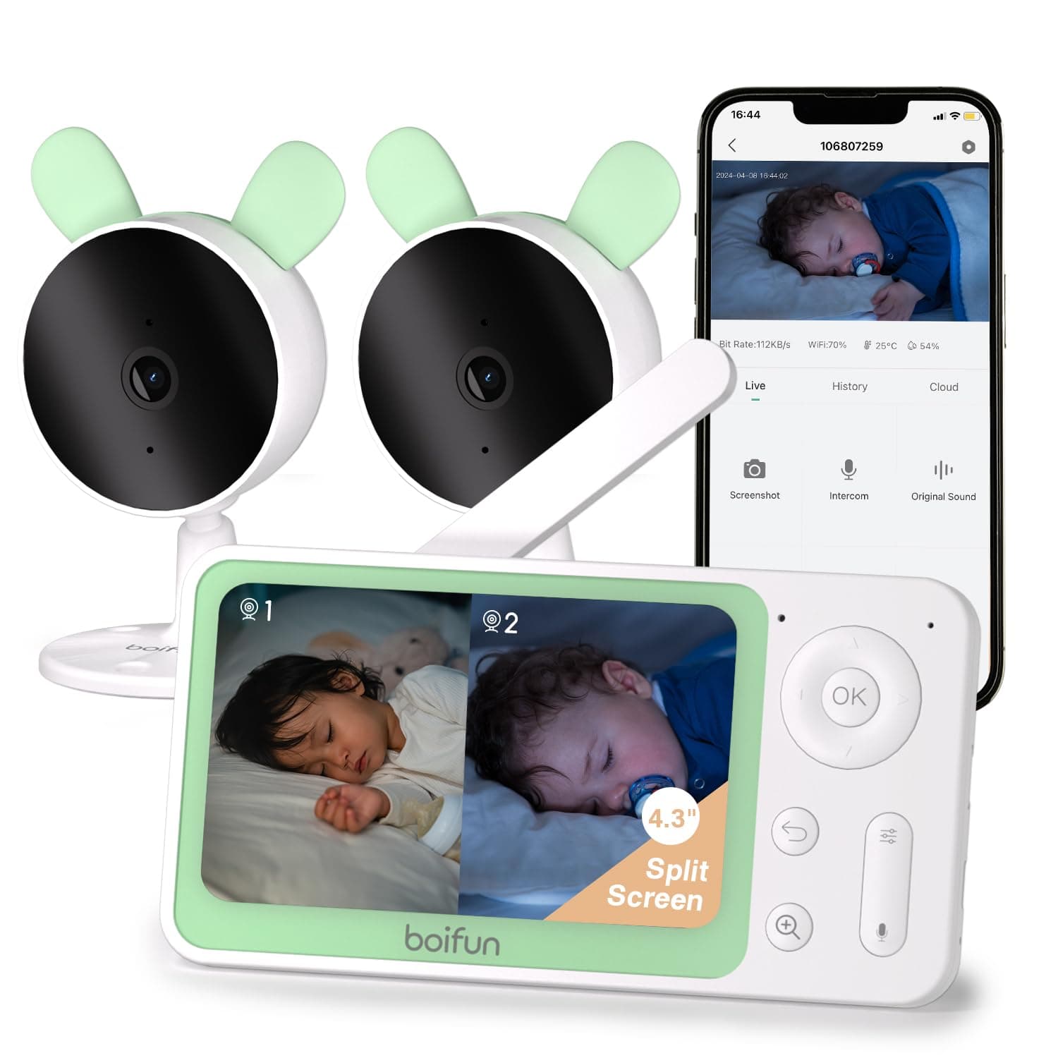 BOIFUN Split Screen Video Baby Monitor WiFi, 2 Cameras, Smartphone APP Control & LCD Monitor, 4.3'' 4X Zoom, AI Motion & Sound Detection, 1080P Smart (Monitor para Bebe), Area Alarm, Video Recording