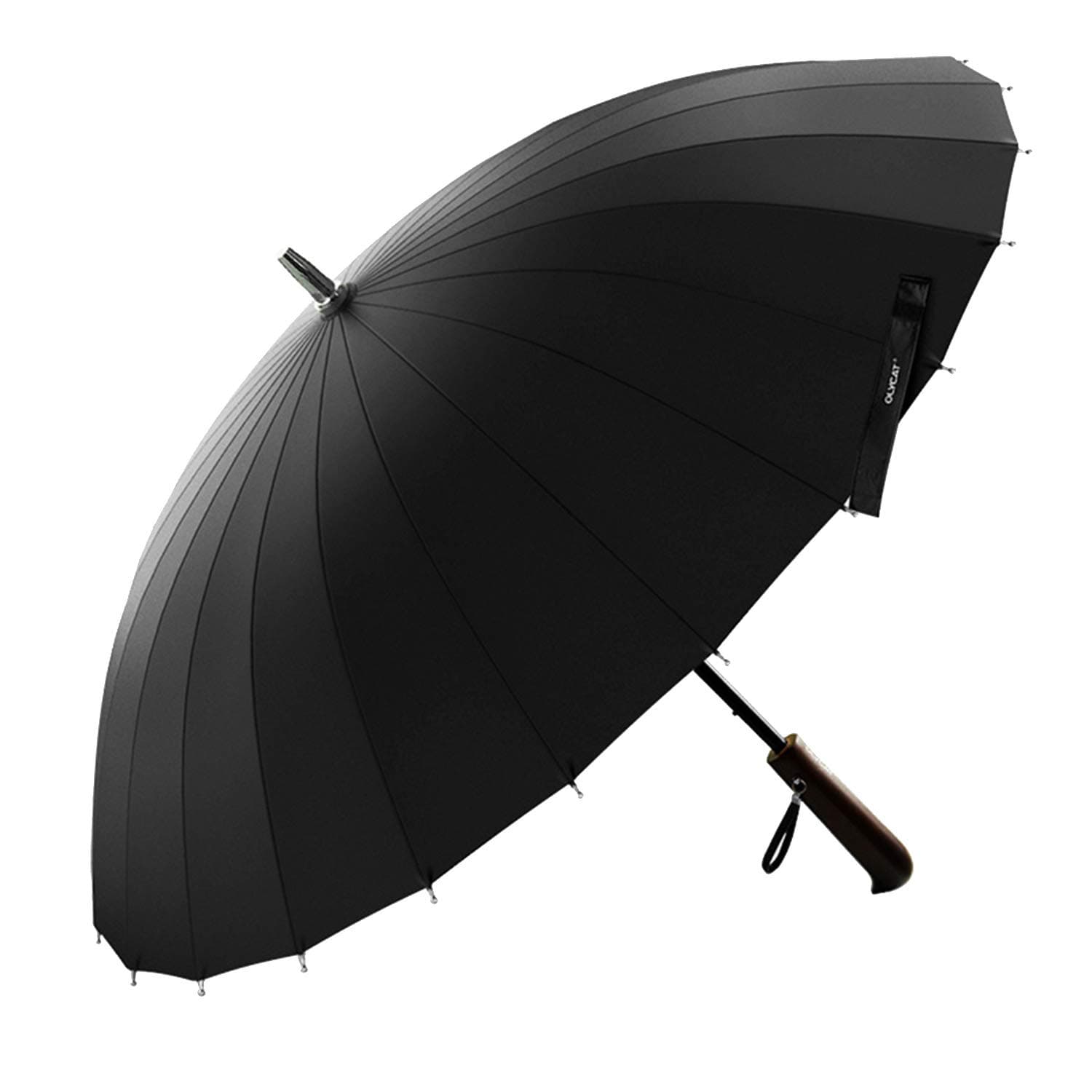 OLYCAT 24K Straight Long Umbrella Windproof Strong Wooden Handle Rain Umbrella Women Men Business Brand Glass-Fiber (Black)