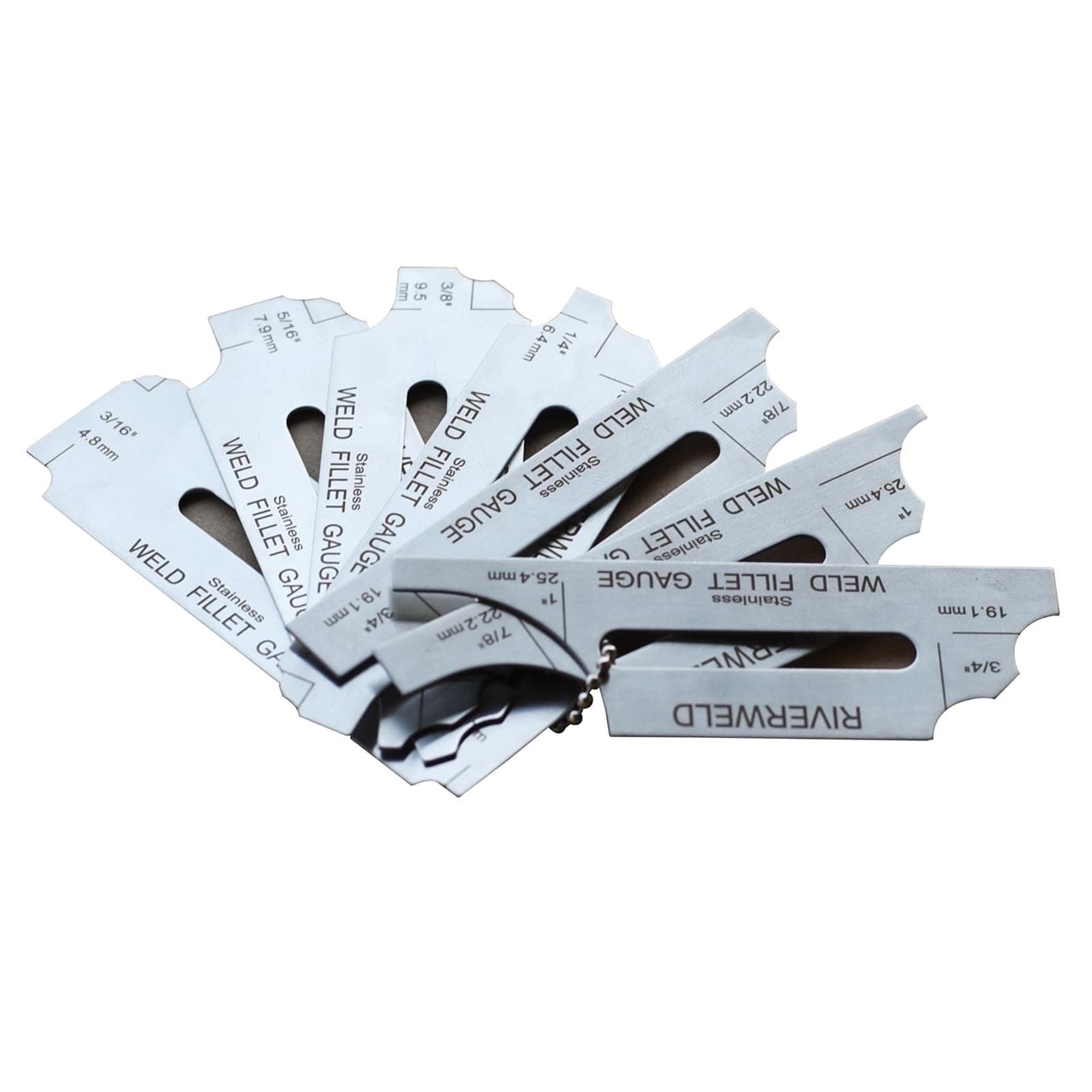 RIVERWELD 7piece Fillet Weld Key Chain Set Gage Rl Gauge Depth Gauges Welding Inspection Test Ulnar Metric & Inch MG-11 with Markings on Both Sides Checking Fillet Leg and Throat Size