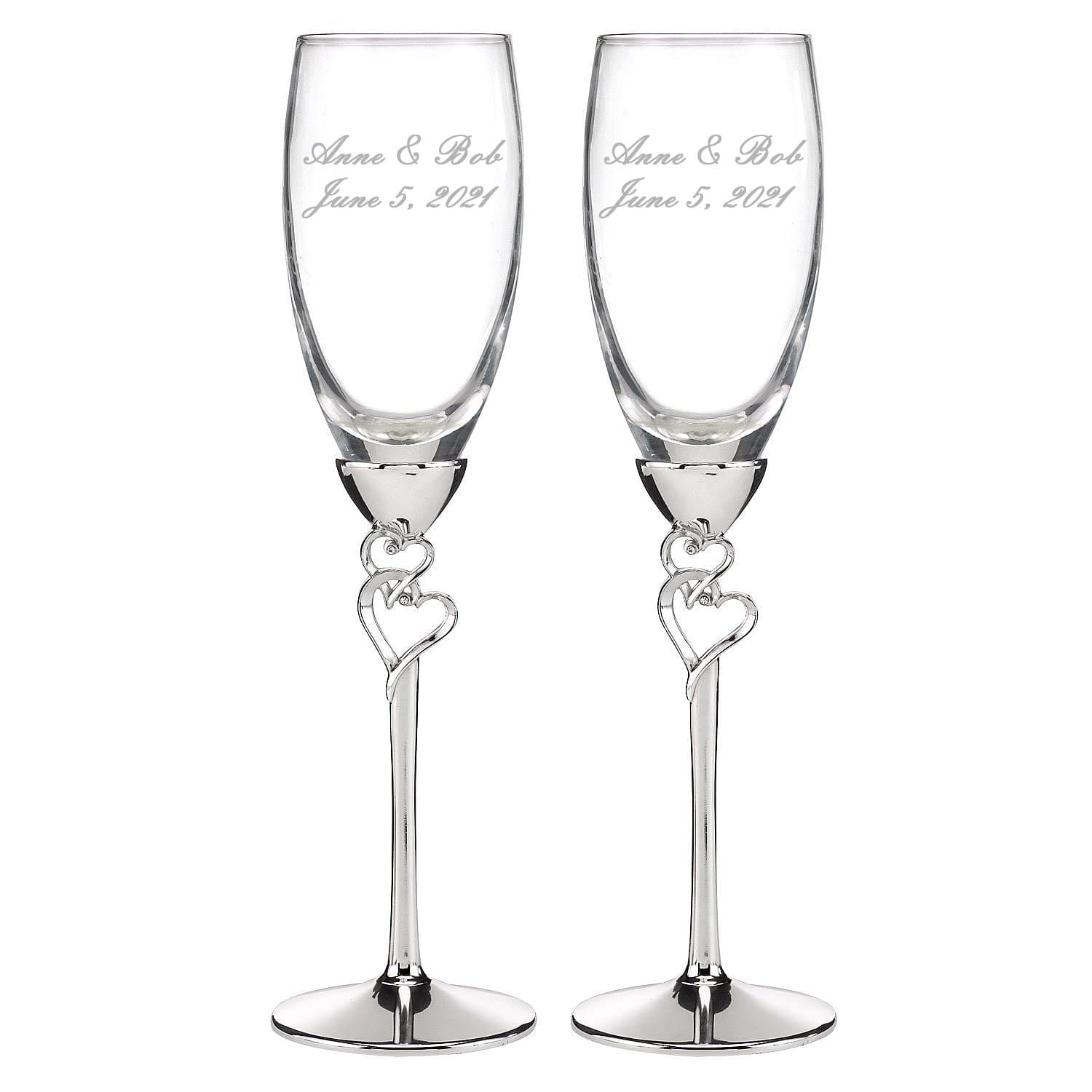 Personalized, ENGRAVED Entwined Hearts Silver Champagne Flutes, Set of 2