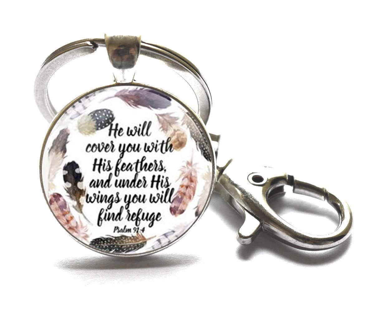 Scripture Key Ring Keychain"He Will Cover You with his Feathers, and Under his Wings You Will find Refuge. Psalm 91:4", Psalm 91:4 Christian Jewelry Christian Keychain.XT130 (A)