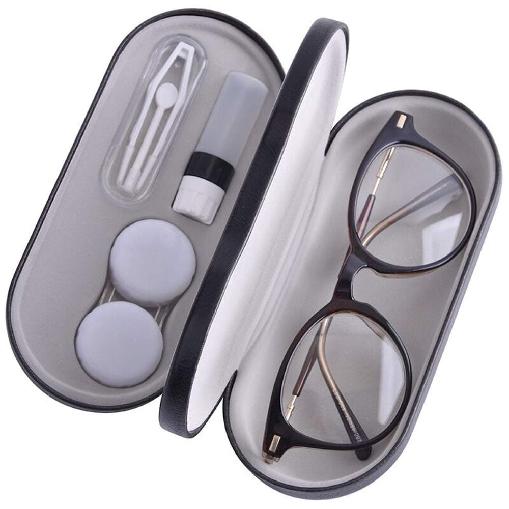 Contact Lens Case - 2 in 1 Double Sided Portable Glasses Case - Mirror - Tweezers and Applicator Included - Perfect for Home Travel-Black ¡­