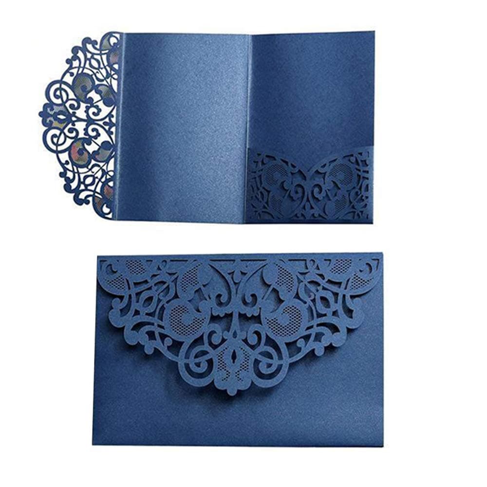 DesignerBox 10 Pack Wedding Invitations Cards Kit, 3 Folds 5x7'' Laser Cut Flora Lace Invitation Cards Cover Holder Pocket For Wedding Bridal Shower Engagement Birthday (Navy Blue-1)