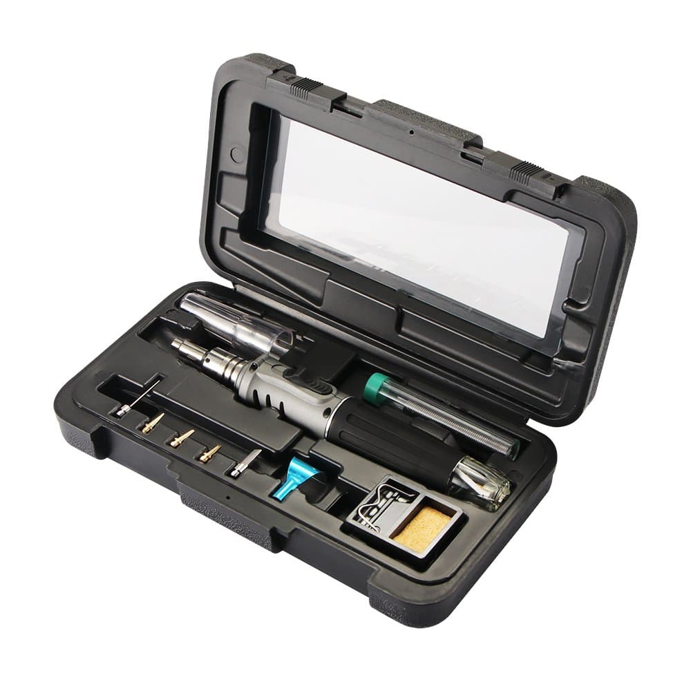 Greenbang Butane Soldering Iron Kit, 10 in 1 Gas Soldering Iron Self-igniting Torch Kit with 5 Iron Tips Kit, Solder Tin Tube,Soldering Iron Stand, Protective Cap in Plastic Carry Case