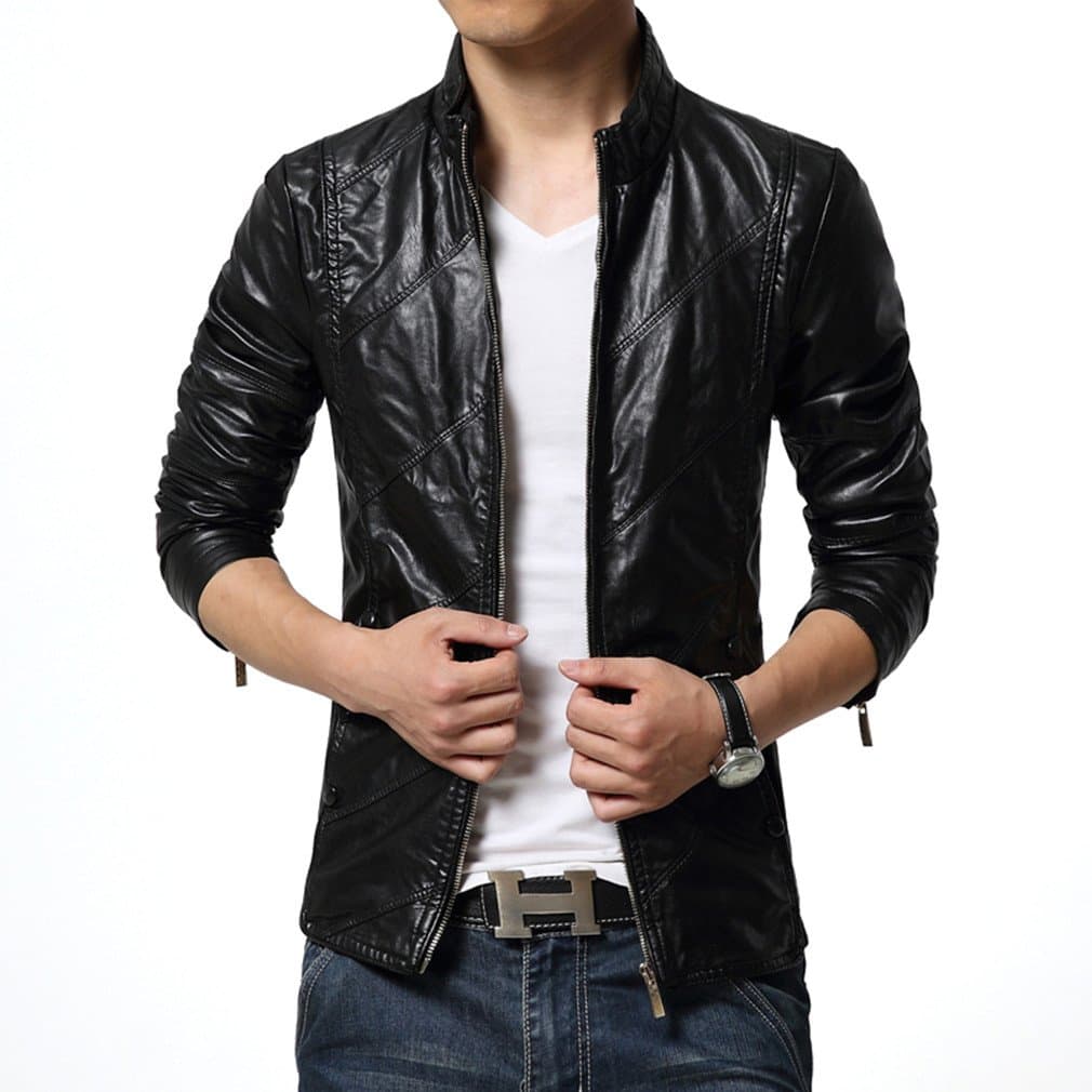 MOGU Mens Zip Closure Slim Fit PU Leather Jacket
