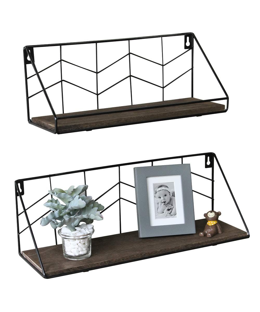 Afuly Rustic Floating Shelves Wall Mounted Set of 2, Black Metal Wire with Brown Wood Storage Shelf, Modern Industrial Display Shelf for Bedroom Bathroom Plant Kitchen Living Room Office