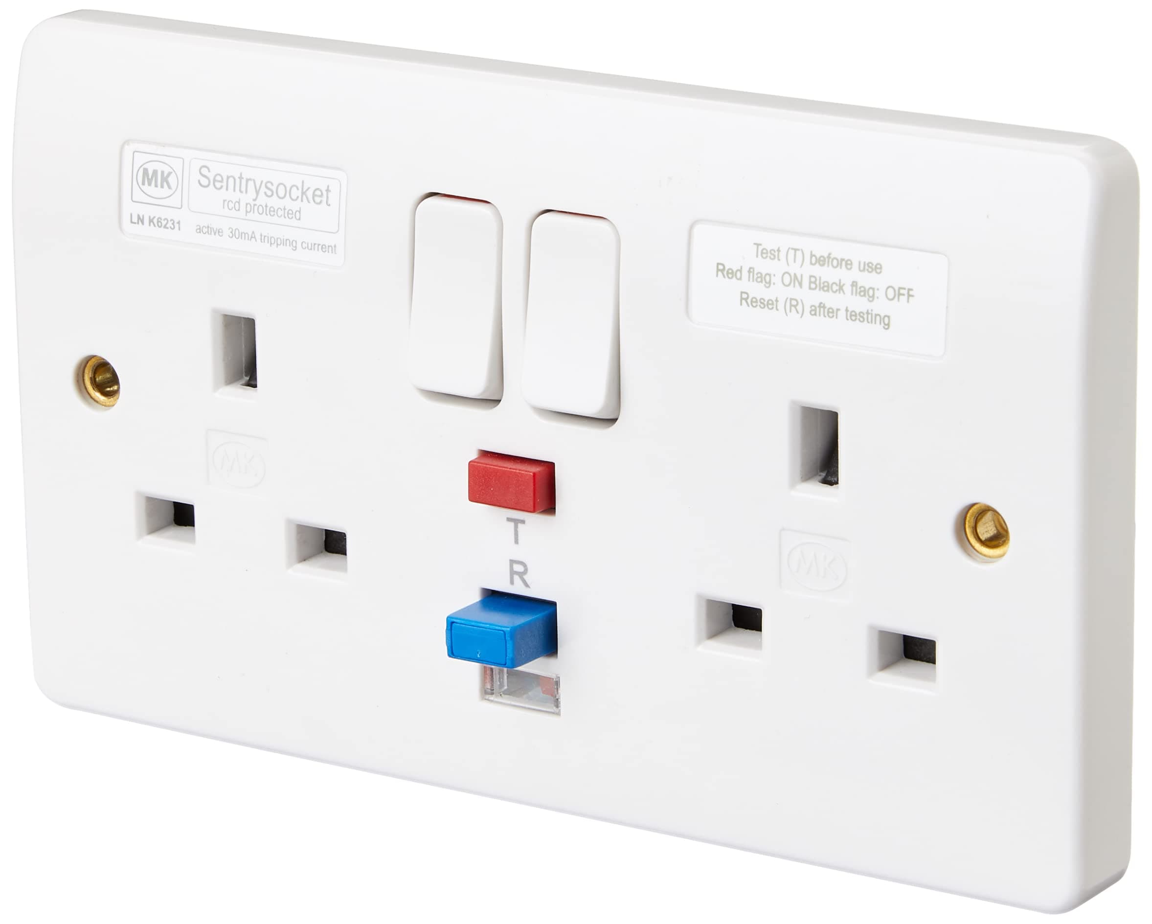MK K6231WHI 2-Gang 13 amp RCD Socket 30 mA Active