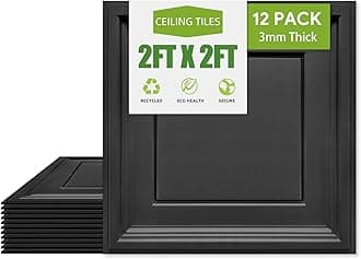 2ft x 2ft Drop Ceiling Tiles, Black Icon Relief Ceiling 24 x 24in. Waterproof, Washable and Fire-Rated - Reusable - High-Grade PVC to Prevent Breakage Cover 48 Sq. Ft, Pack of 12 Tiles