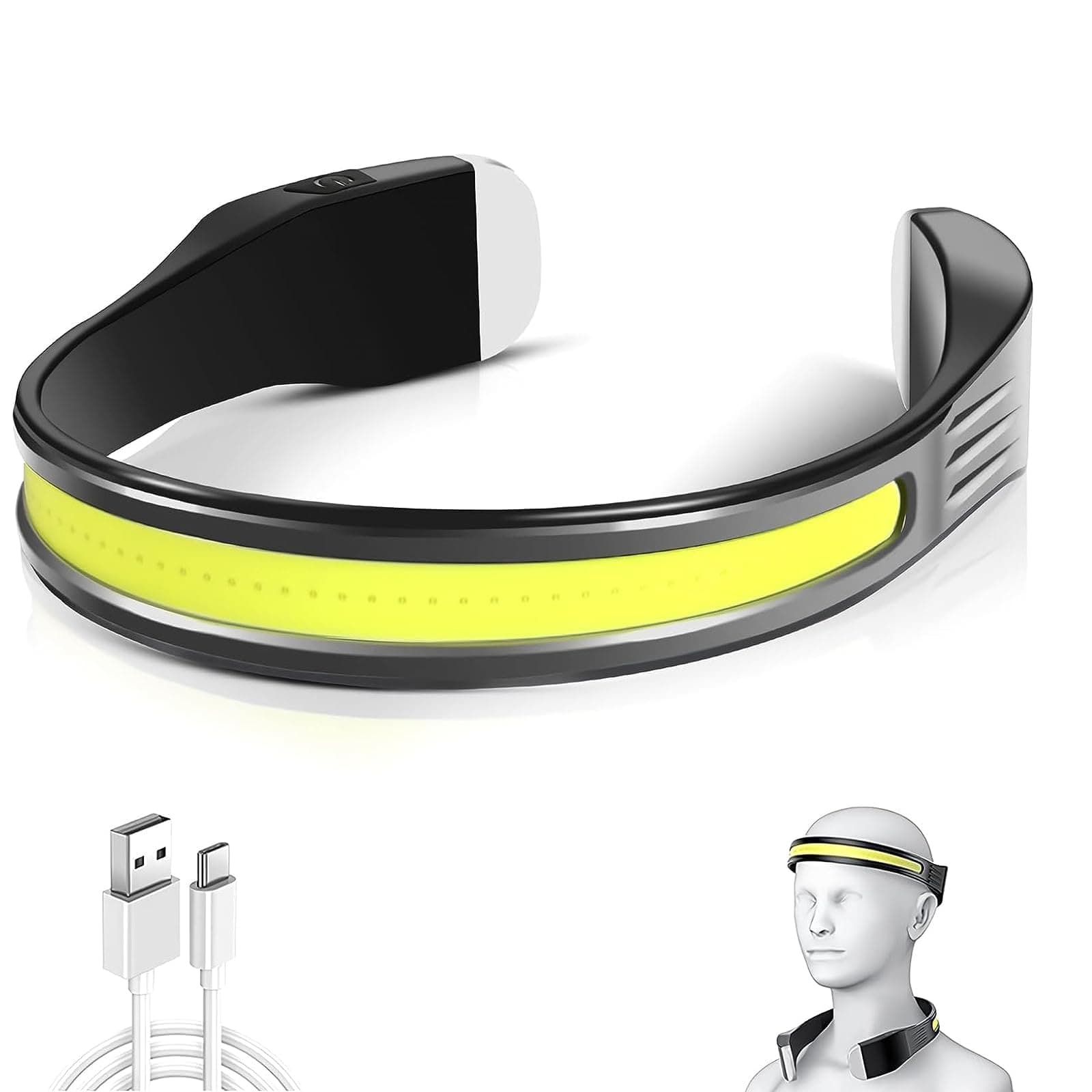 2 in 1 Headlamp, LED Head Lamp & Neck Light USB C Rechargeable, Super Bright 260°Wide-Beam and 5 Modes Lighting, IPX45 Waterproof Flashlight for Camping Hiking Repairing Reading-Black