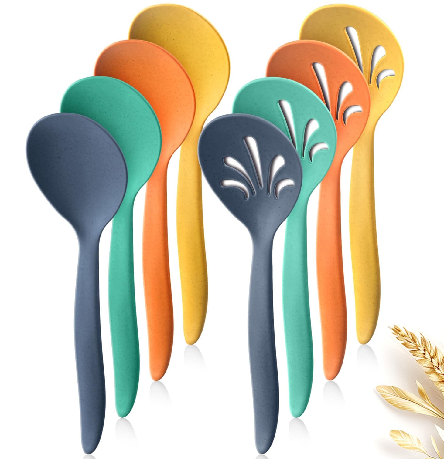 8 Pcs 10" Large Plastic Wheat Straw Serving Spoons Set, Serving Spoons & Slotted Spoons, Kitchen Mixing Serving Spoon for Party Buffet Catering (Orange/Blue/Yellow/Green, Not for Cooking)