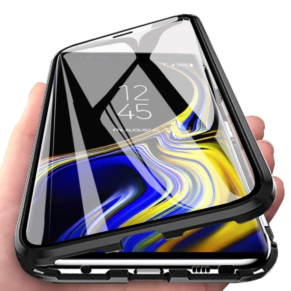 Eabuy Galaxy Note 9 Case, 360° Full Body Transparent Tempered Glass with Magnetic Adsorption Metal Bumper Case Cover for Samsung Galaxy Note 9 Black