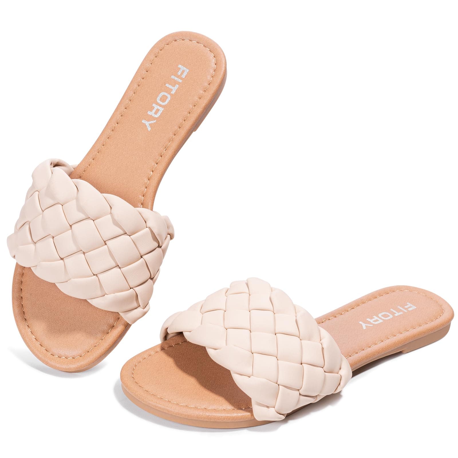 FITORY Womens Flat Sandals Fashion Round Open Toe Slip On Slides with Braided Strap Slippers for Summer Size 6-11