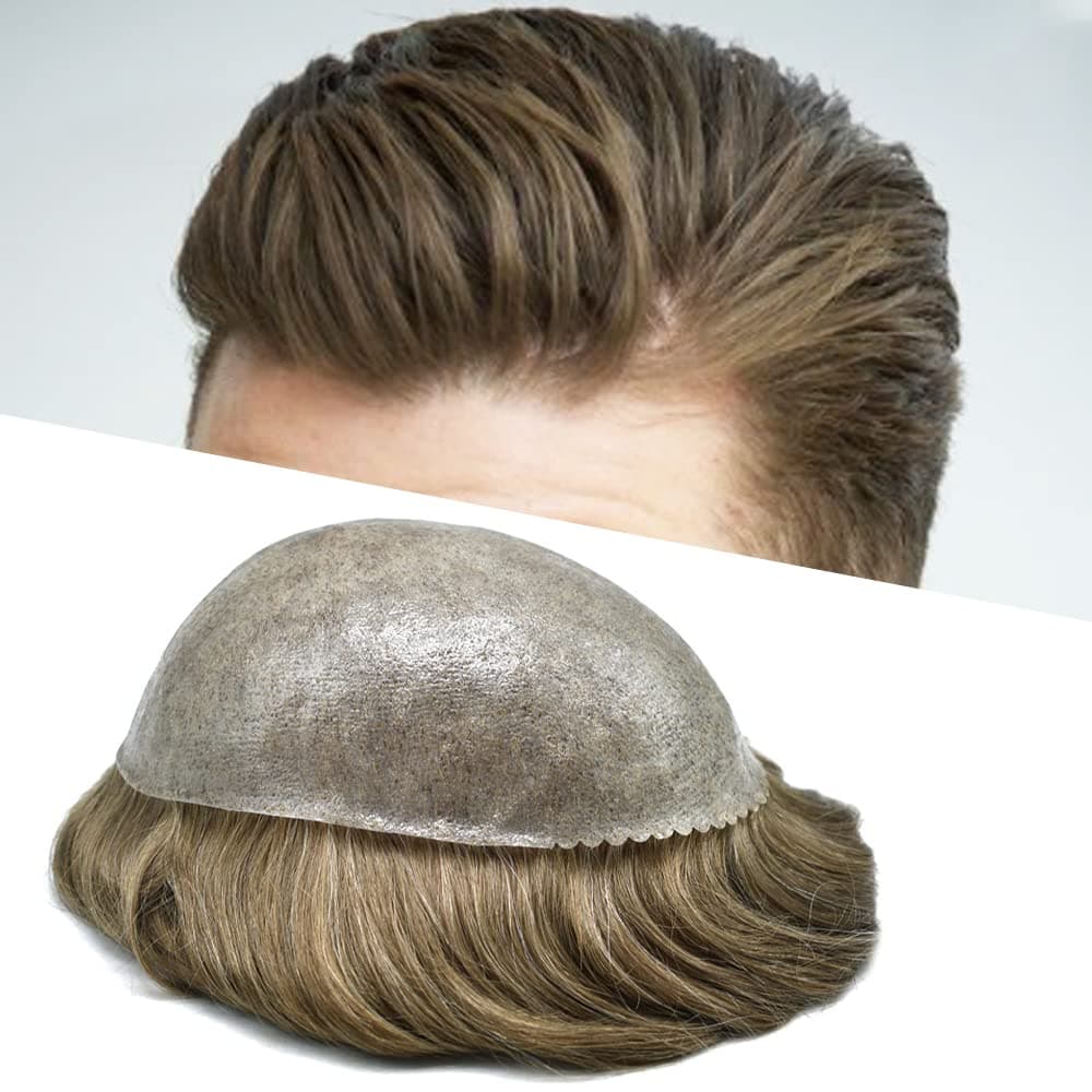 Toupee for Men's Hair Replacement System - Injected PU Durable Toupee Wig - Male Prosthesis - Full Poly Skin Human Hair Piece - 8"x10", #1840 Medium Blonde + 40% Gray - 110% Light to Medium