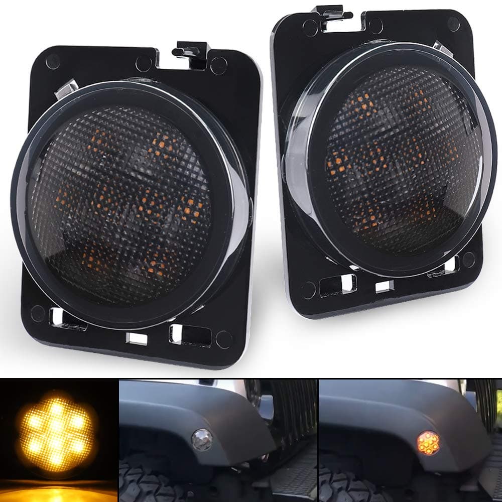 LED Fender Side Light LED Side Maker Lights with Smoked Lens Amber LED for 2007-2017 Jeep Wrangler JK Unlimited 1 Pair