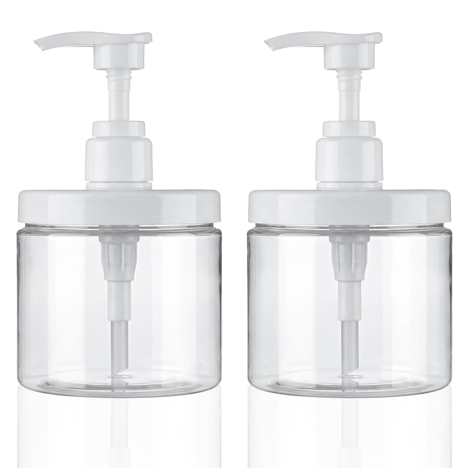 Cosywell Pump Bottle Dispenser Plastic Refillable Bottles Wide Mouth Jar Style Empty Bathroom Shower Containers for Lotion Shampoo Conditioner (Clear, 2X 500ml)