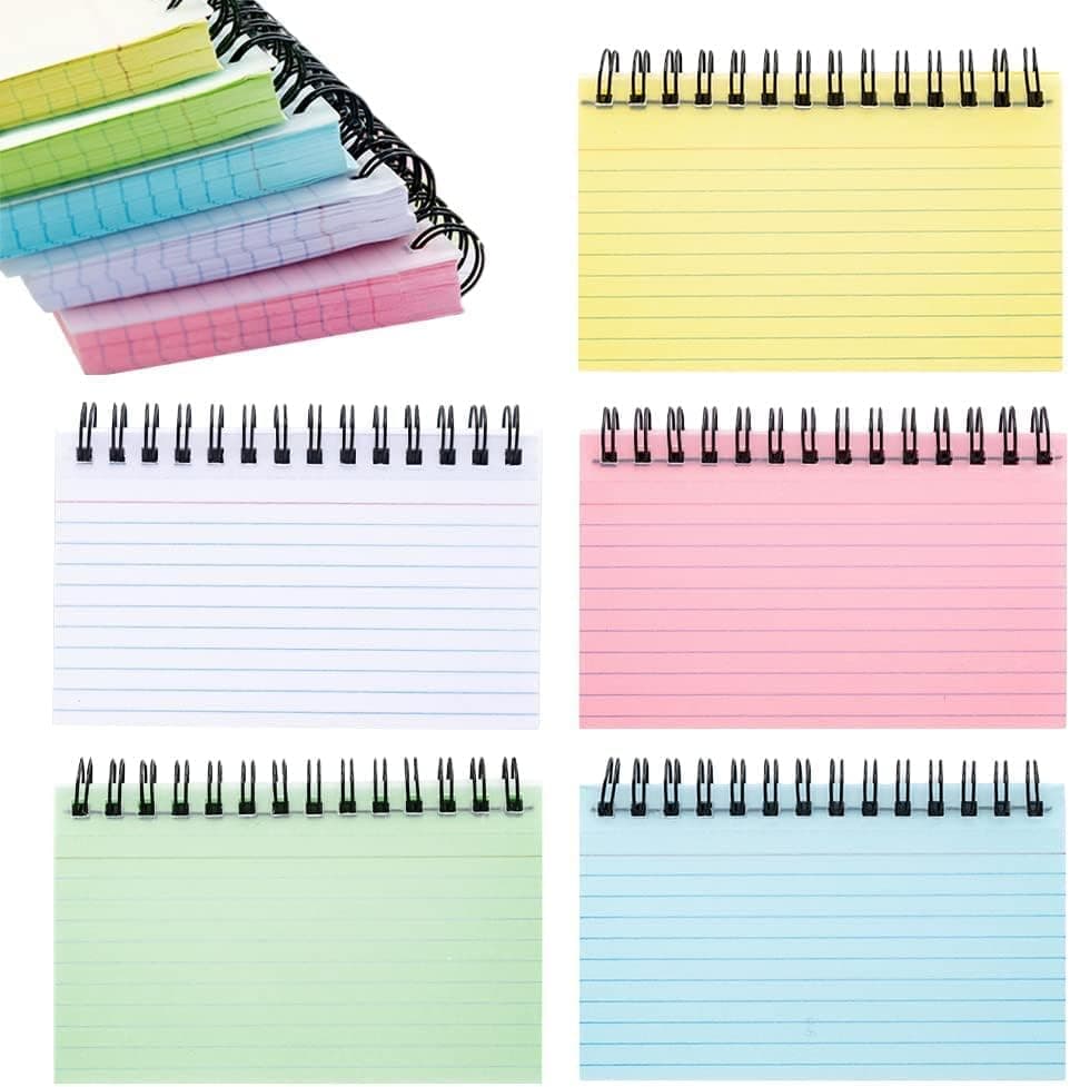 ALMEKAQUZIndex Cards, Ruled Spiral Bound Rings Lined Revision Flash Record Cards,for Office Meeting, School Learning, Memory, Sticky Note,Spiral Bound Ruled Lined Note Paper(5 Colours)