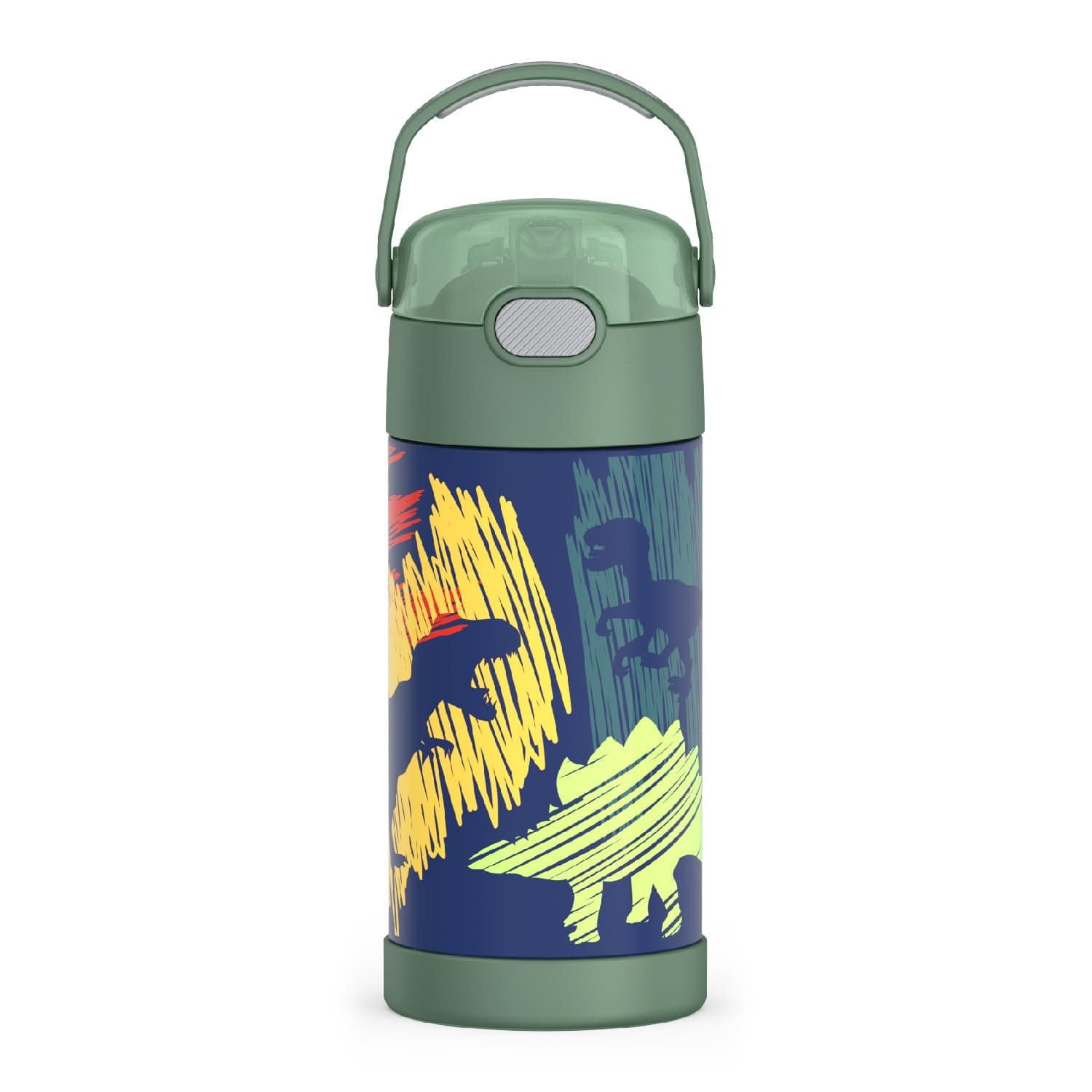 FUNTAINER Water Bottle with Straw - 12 Ounce - Kids Stainless Steel Vacuum Insulated Water Bottle with Lid, Dinosaurs