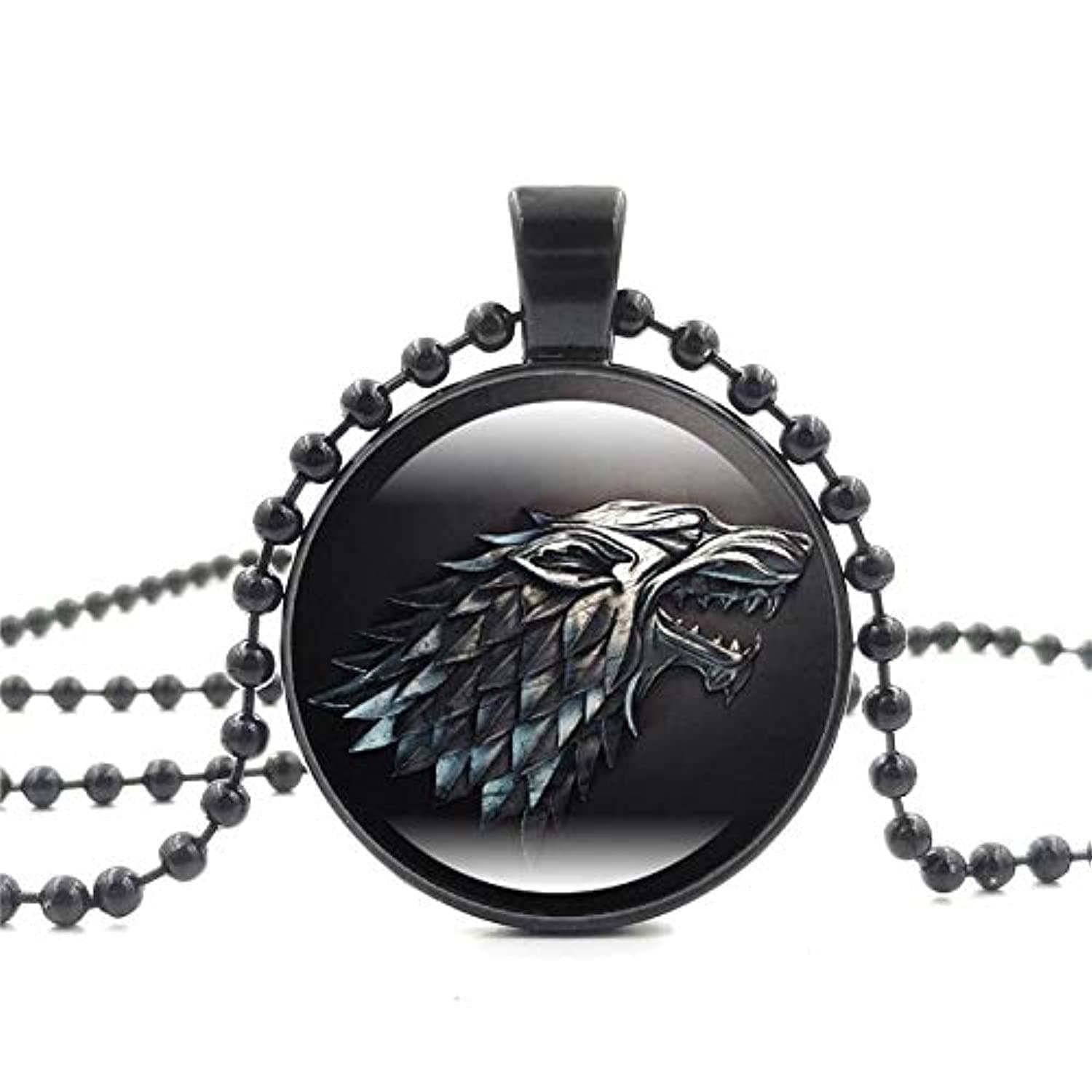 ZchikoGame of Thrones House Stark of Winterfell Direwolf Sigil Glass Pendant Necklace. Black