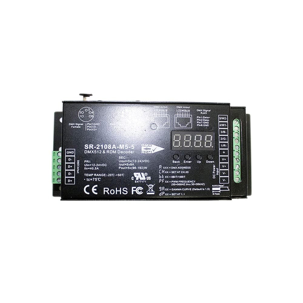 ICON-DMX5 RDM DMX512 Flicker Free Dimming 5 Channel UL PWM DMX DECODER Digital Display 5X8A 480W 40A W-RGB-WW RGB+CCT LED Light Control