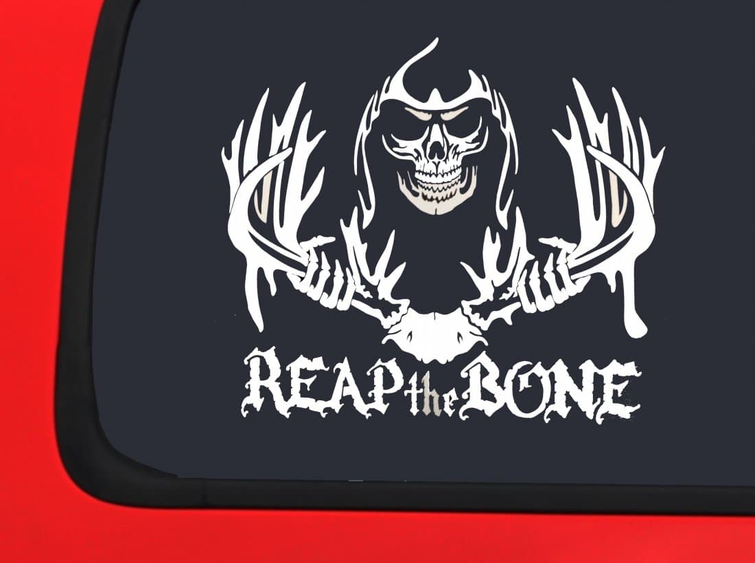 LVE Decals Reap The Bone Reaper Holding Rack - White Hunting Window Decal Sticker