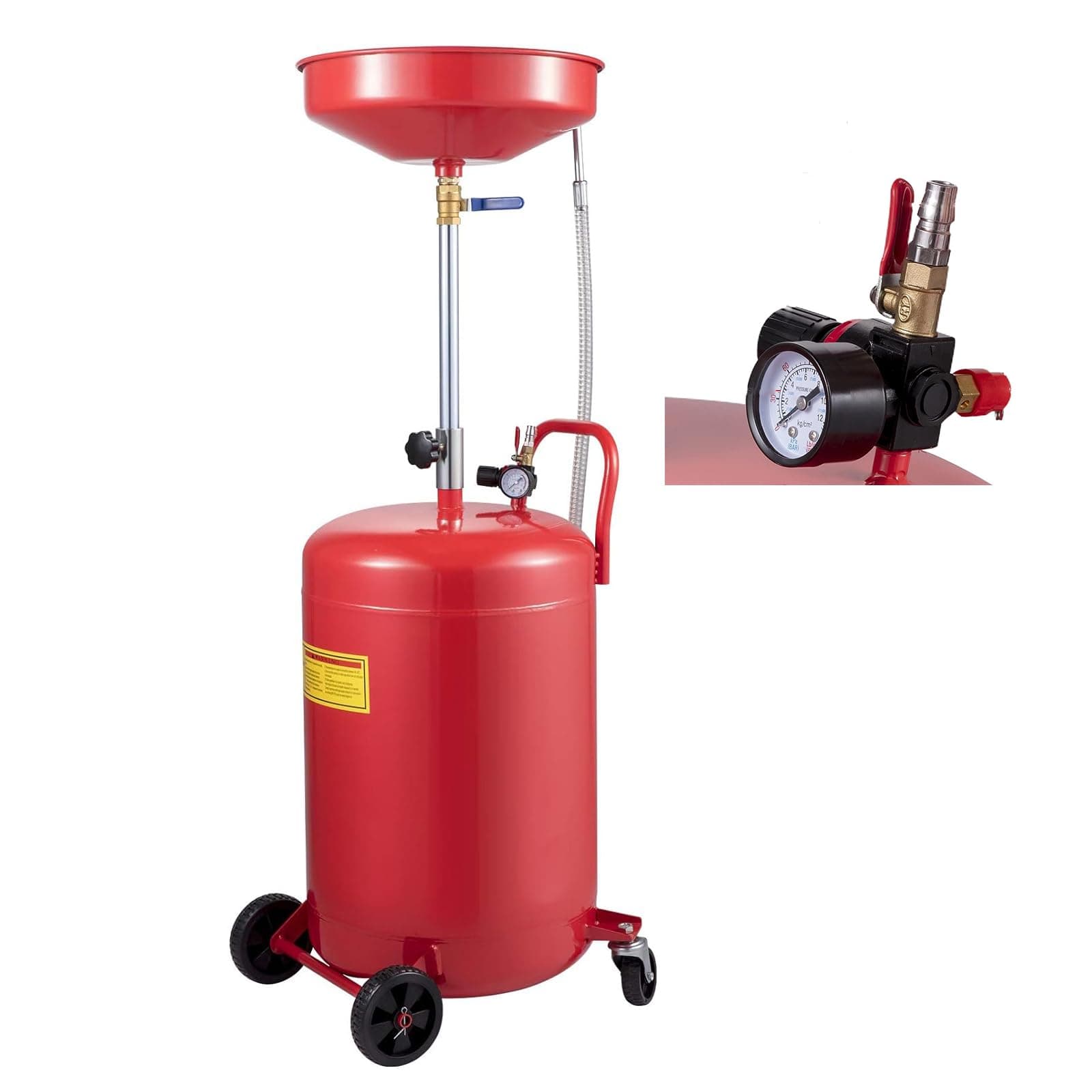 VEVOR Oil Drain Container, 20 Gallon Waste Oil Drain Tank, Portable Oil Lift Drain Pan Air Operated Drainer, Fluid Fuel Drainage Adjustable Funnel Height with Pressure Regulating Valve & Wheel