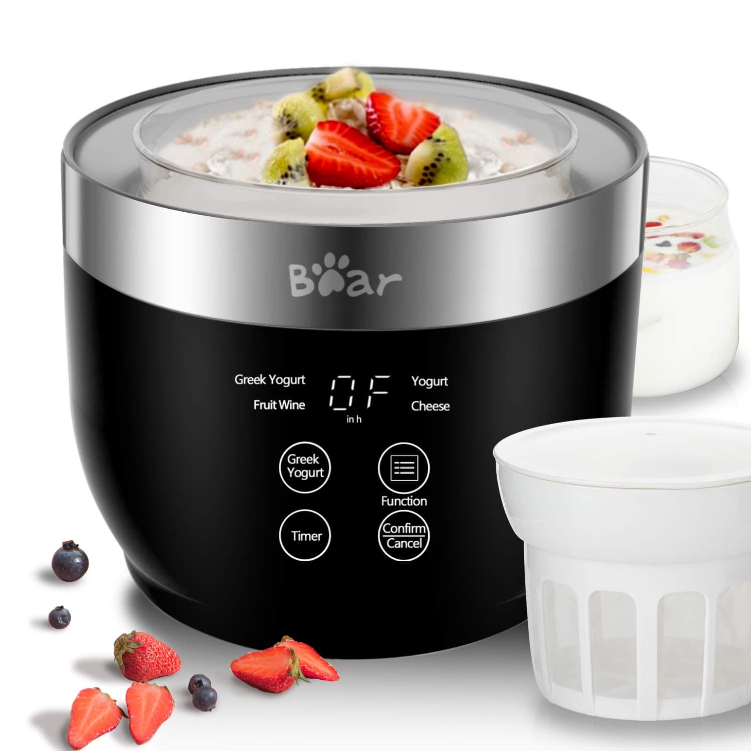 Automatic Digital Yogurt Maker With Stainless Steel Inner Pot, 2 Glass Jars (1 Quart) and Strainer for Home Organic Yogurt - Black