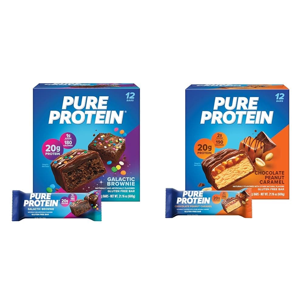 Pure Protein 12 Count Galactic Brownie & Chocolate Peanut Caramel Protein Bars Bundle | 20g Protein, 190-200 Calories, Gluten Free
