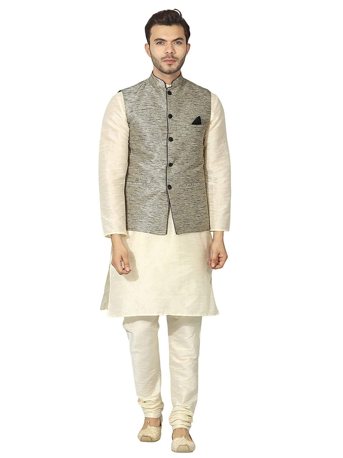 Uri and MacKenzieMen's Silk Blend Regular Kurta Churidar Pyjama with Bundi Nehru Jacket/Waistcoat