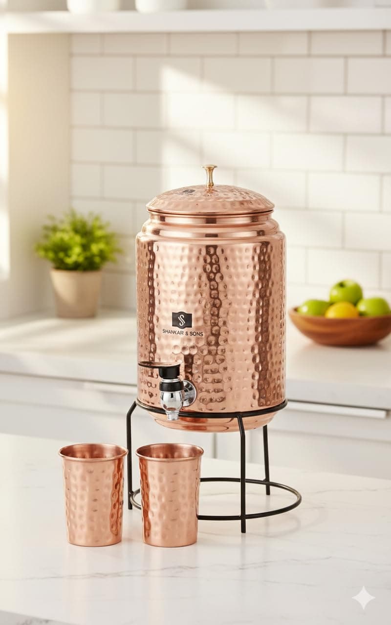 5 Litre Copper Water Dispenser with Stand and 2 Glasses | BPA Free, Non-Toxic | Hammered Texture, Rustproof & Durable | with Added Health Benefits of Copper