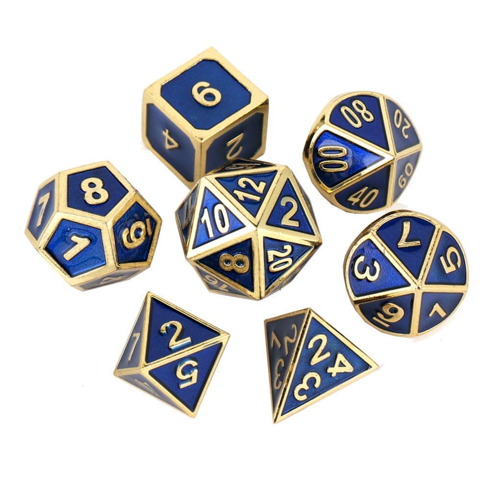 7PCS Zinc Alloy Metal Dice Polyhedral Dice D20 D12 D10 D8 D4 for Dungeons and Dragons DND RPG MTG Table Games 16mm Blue Gold with Bag