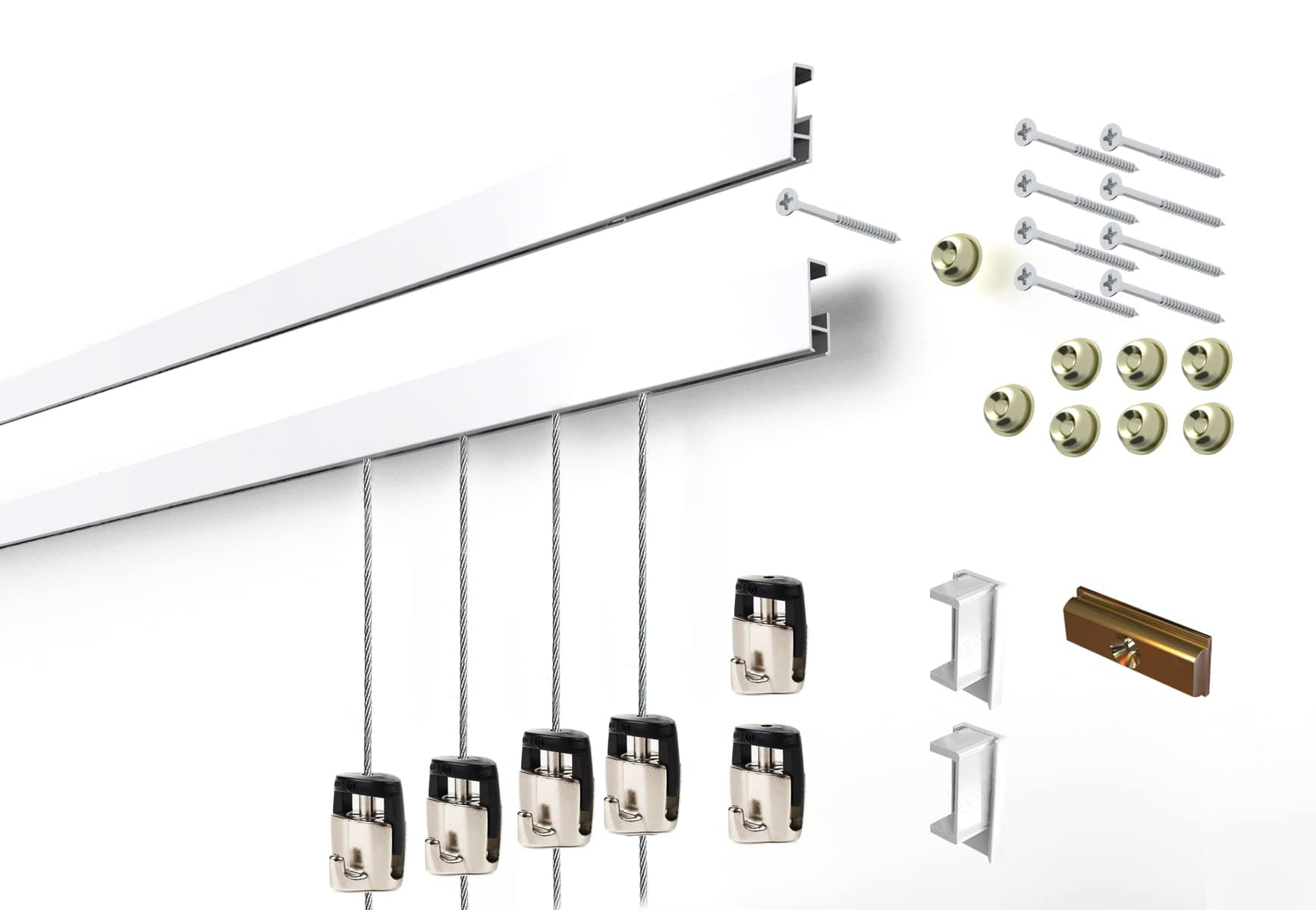 - Cliprail Complete Art Hanging Gallery System with Superior Design Cam Hooks (4 Rails 12 Hooks and 8 Cables, White Rails)