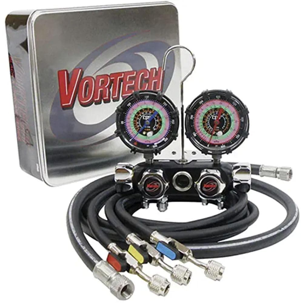 CPS Vortech MV4H4P5EZ4 Valve Manifold, R-134A, 22, 404A, 410A 3 1/8" 1.0% Gauges, 5' Premium Black BV Hose Set & 3/8" Vac Hose