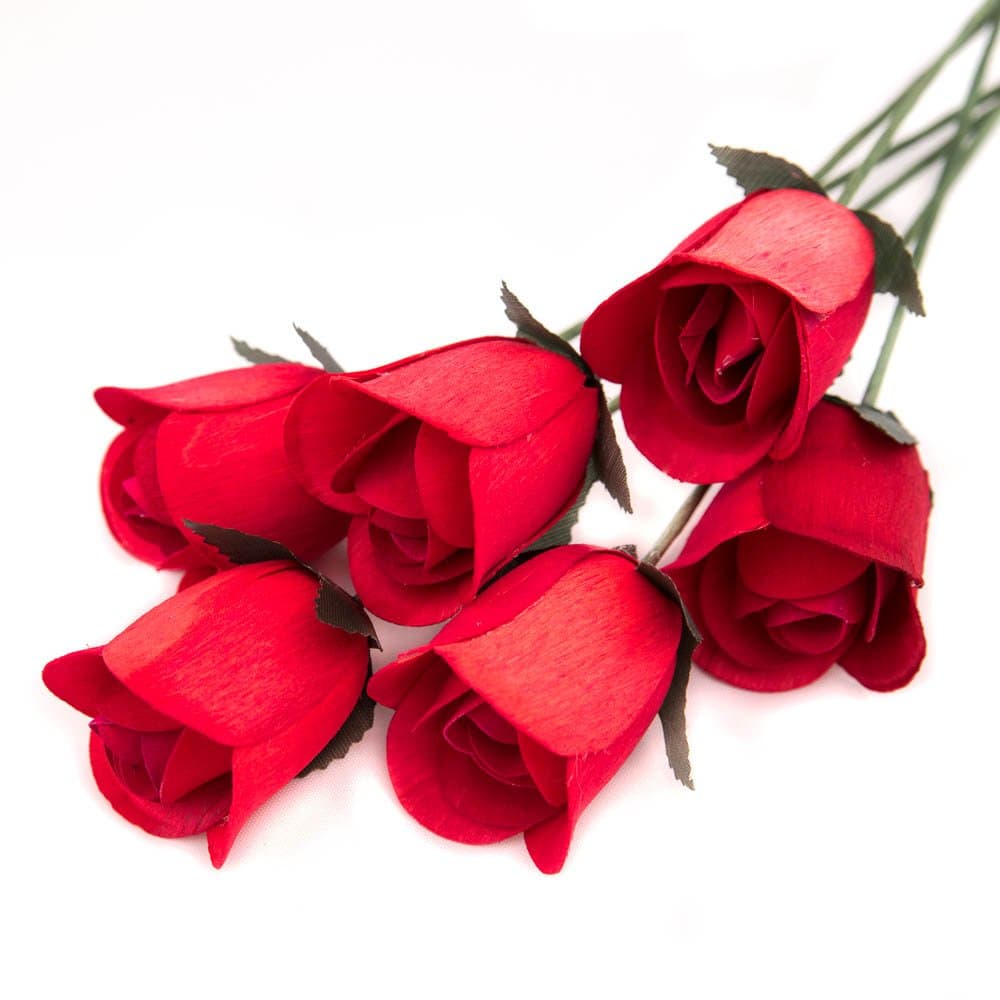 6 Red Half Open Bud Wooden Roses for Crafts Custom Bouquets and Other Projects. 16 Colors to Choose from.